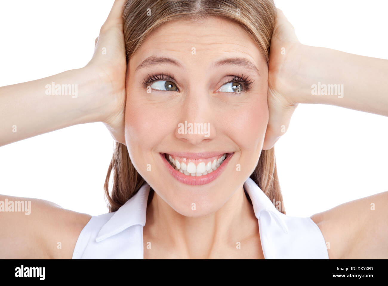 Young Woman Covering Ears Stock Photo Alamy