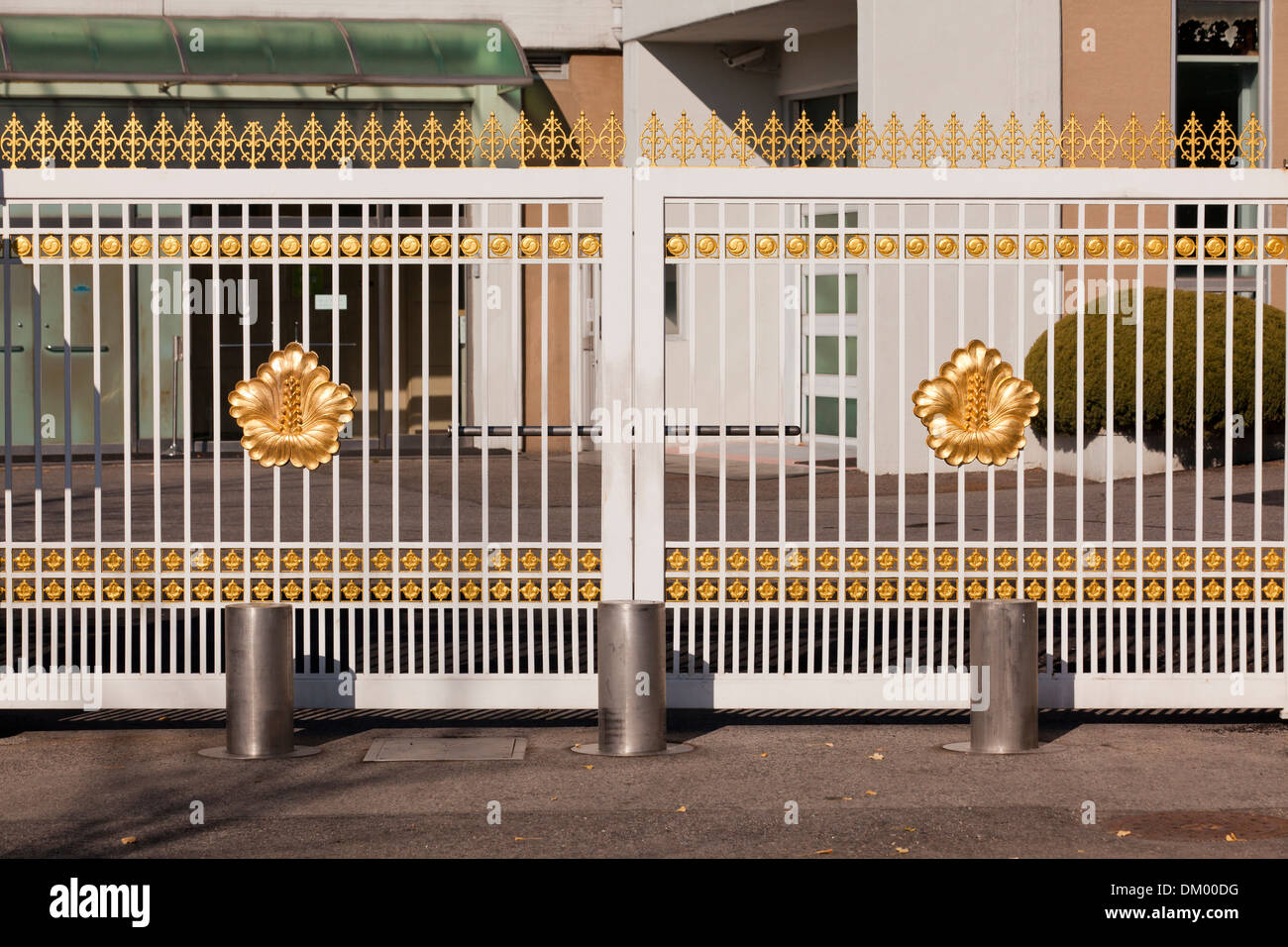 Gates of The Blue House with hibiscus flower seals - Seoul, South Korea Stock Photo