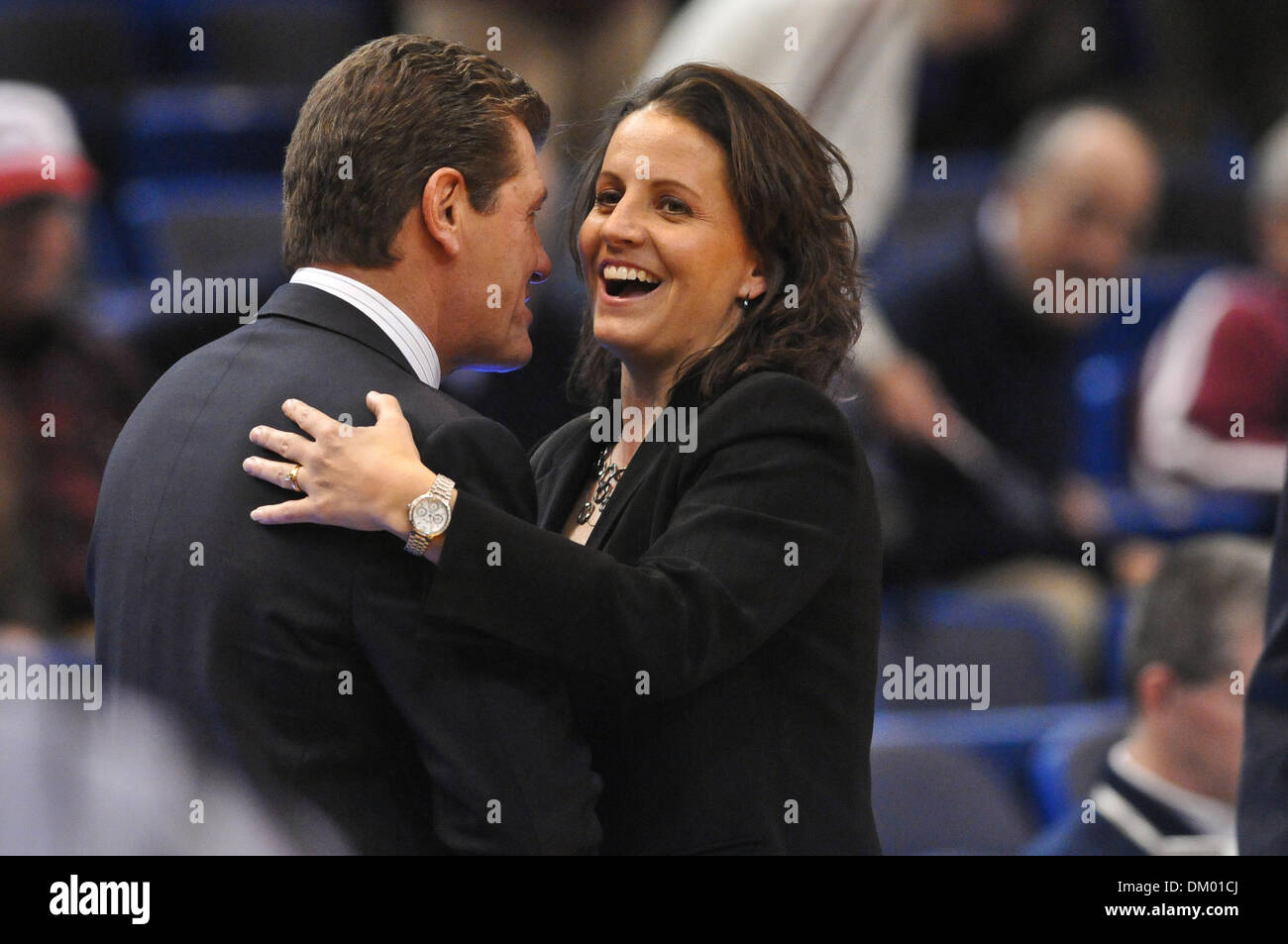 Dec. 10, 2009 - Hartford, Connecticut, U.S - 10 December 2009: Connecticut Head Coach Geno Auriemma and Hartford Head Coach Jennifer Rizzotti hug after the game. Rizzotti played for Auriemma's Huskies in the mid 90's. Connecticut defeated Hartford 80 - 45 held at XL Center in Hartford, Connecticut. (Credit Image: © Geoff Bolte/Southcreek Global/ZUMApress.com) Stock Photo