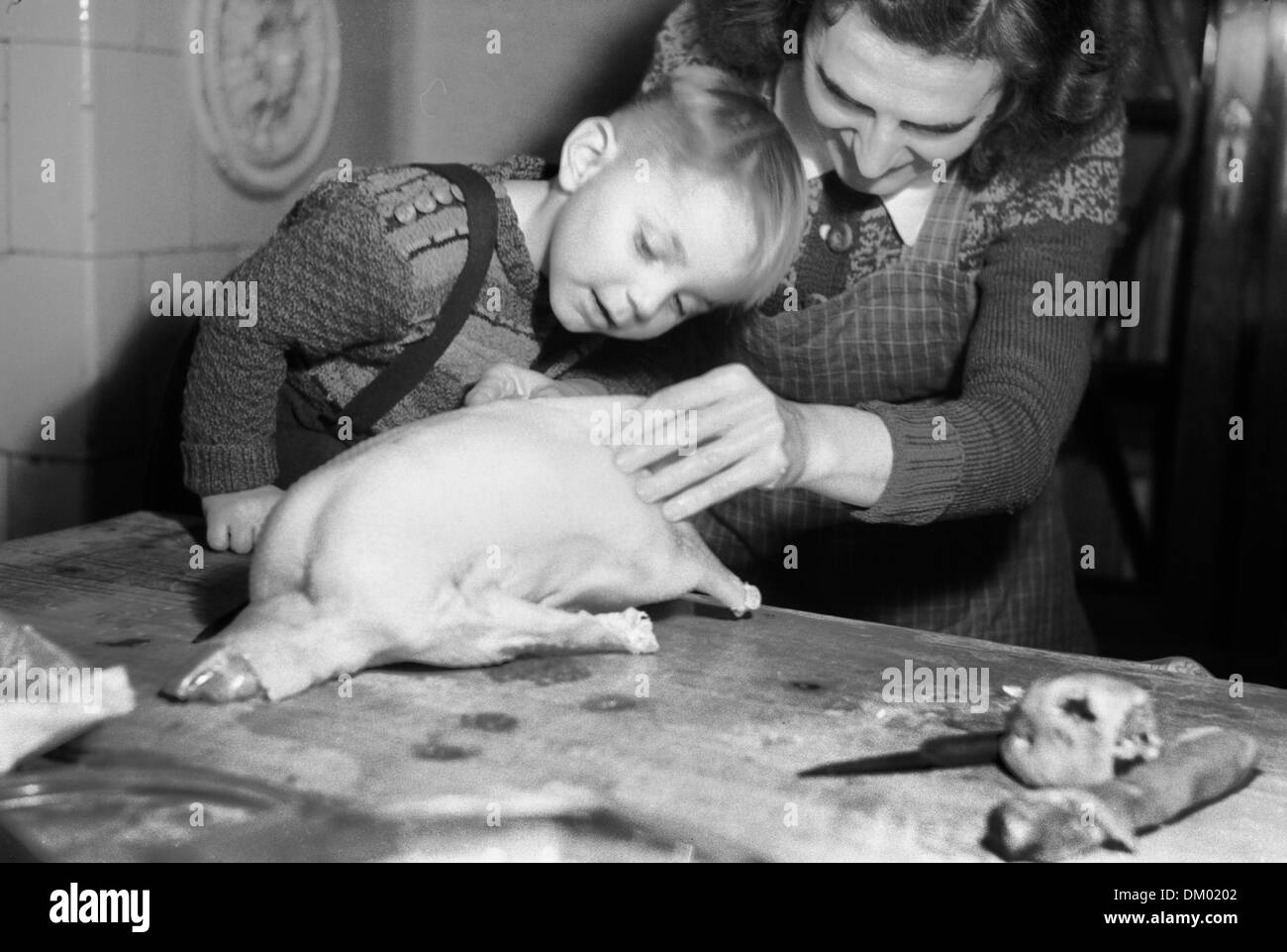A boy looks at his mother disembowling a goose, undated photograph (1953). Photo: Deutsche Fotothek/Rössing Stock Photo