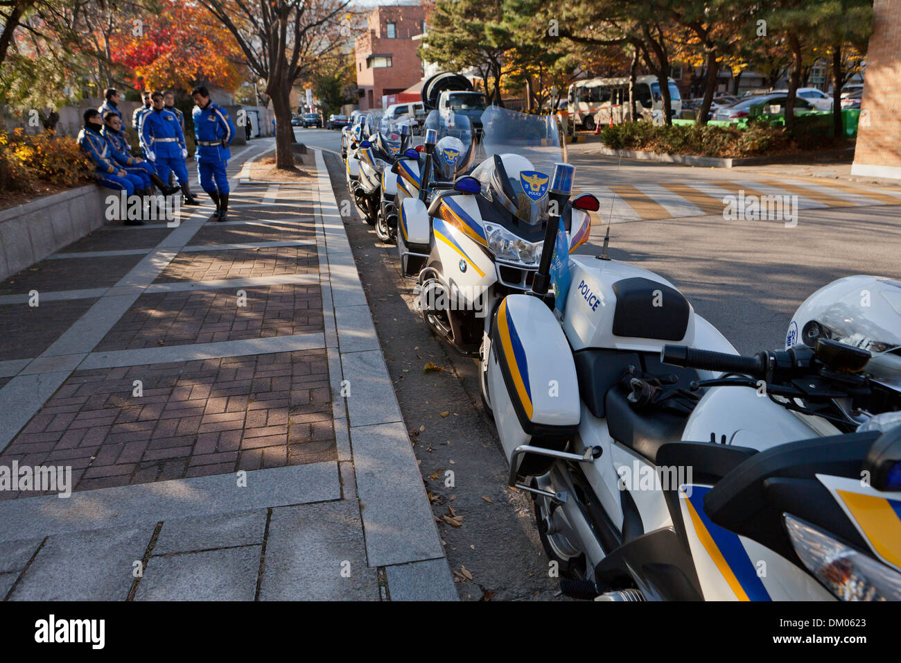 Police motorcycles parked on side of road - Seoul, South Korea Stock Photo