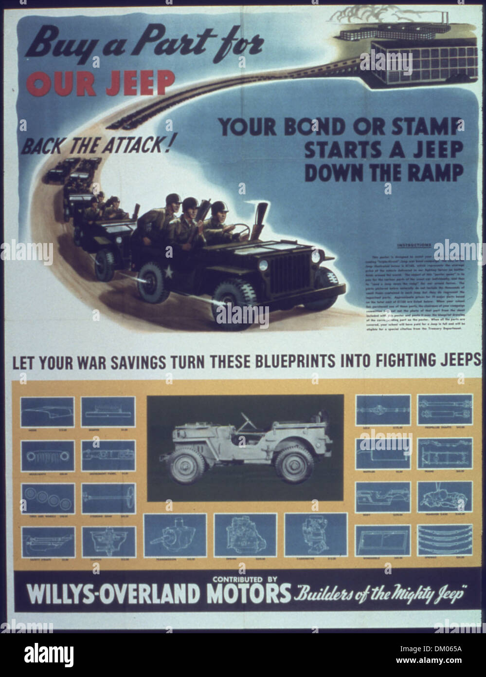 'Buy a part for your jeep. Back the attack' Your bond or stamp starts a jeep down the ramp. 513992 Stock Photo