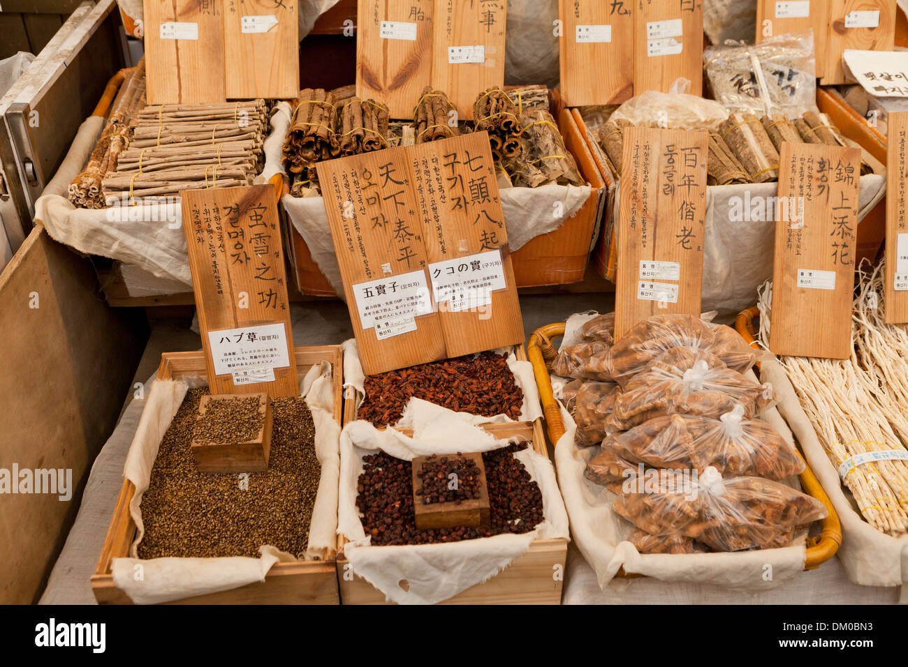 Medicinal herbs and plants for sale at traditional market - Seoul, South Korea Stock Photo