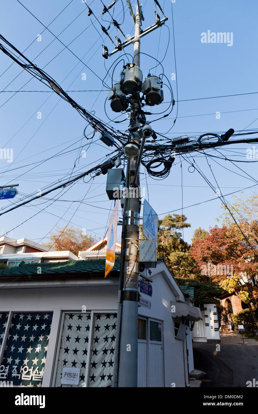 Cluttered telephone and electrical utility wiring Seoul, South Stock