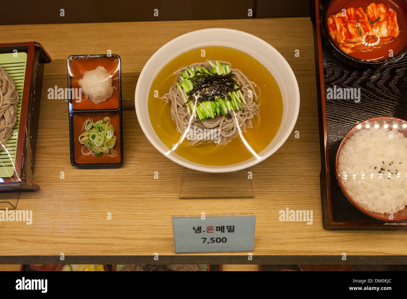 Plastic food  model (buckwheat noodles) display case at fast food restaurant - Seoul, South Korea Stock Photo