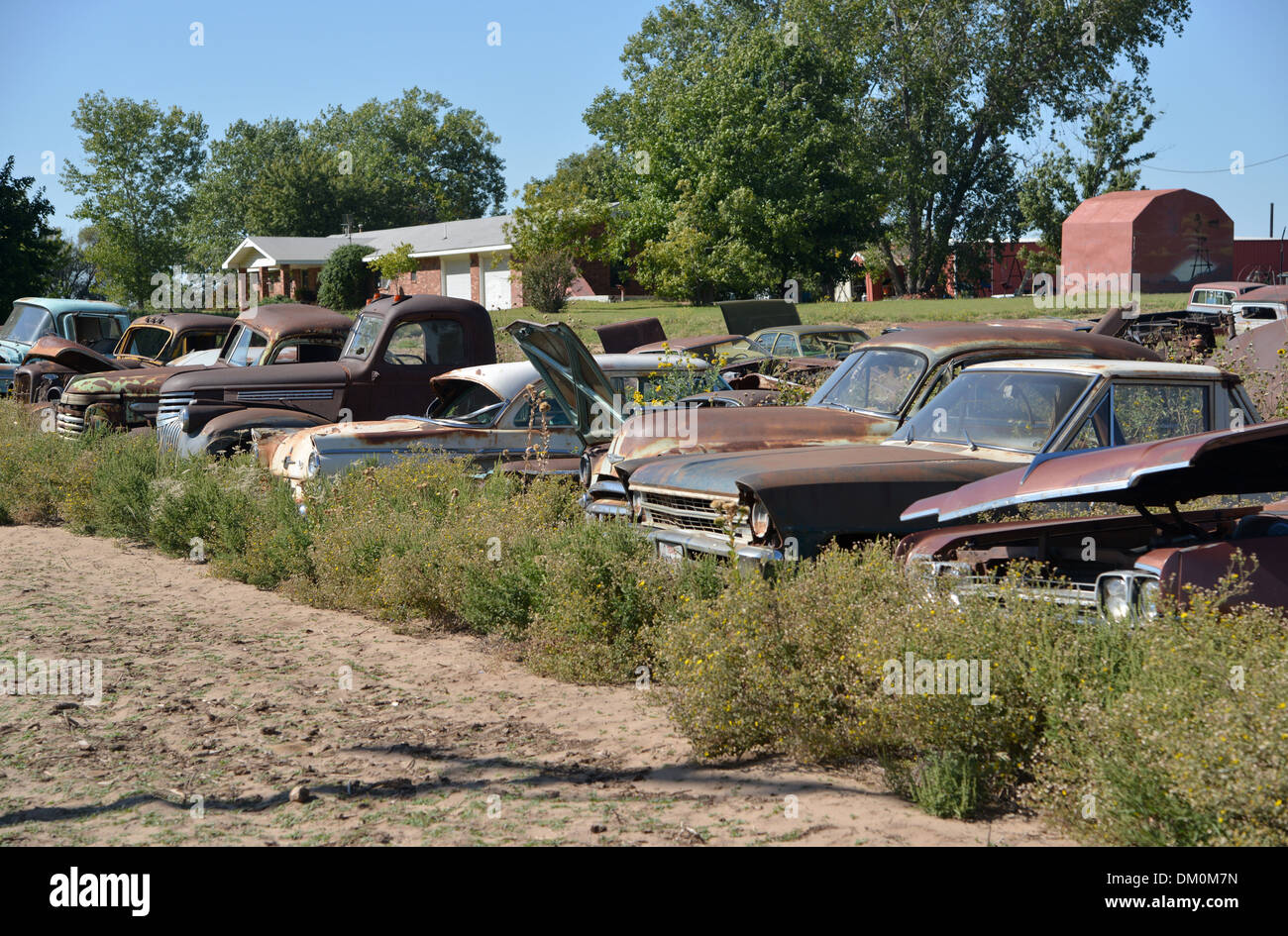 Old American cars rust in a field at the road side, Erick, Oklahoma