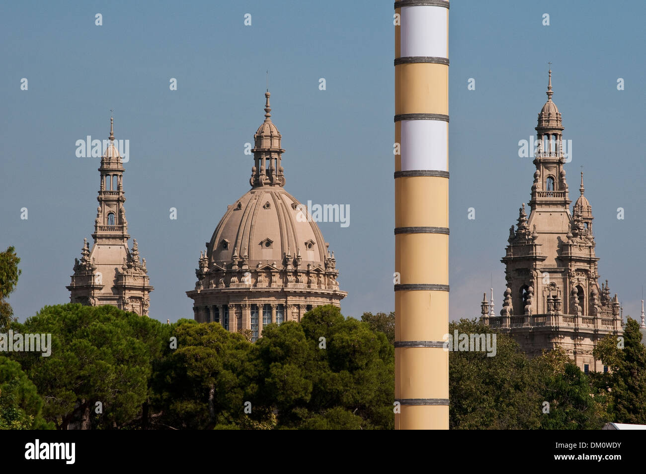 National Art Museum of Catalonia and Olympic column, Montjuic, Barcelona, Catalonia, Spain Stock Photo