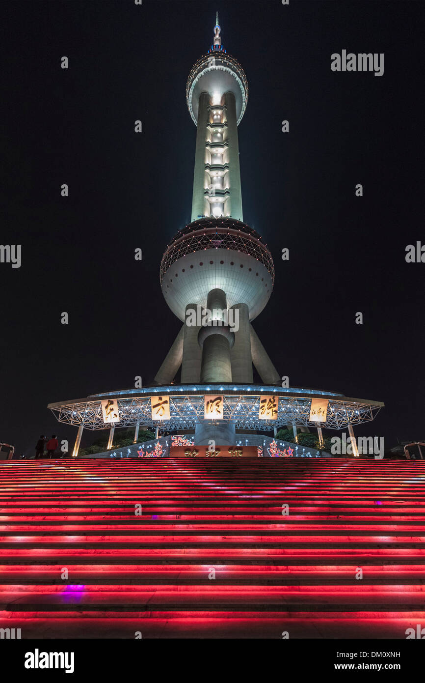 Oriental Pearl Tower at night, Lujiazui, Pudong, Shanghai, China Stock Photo