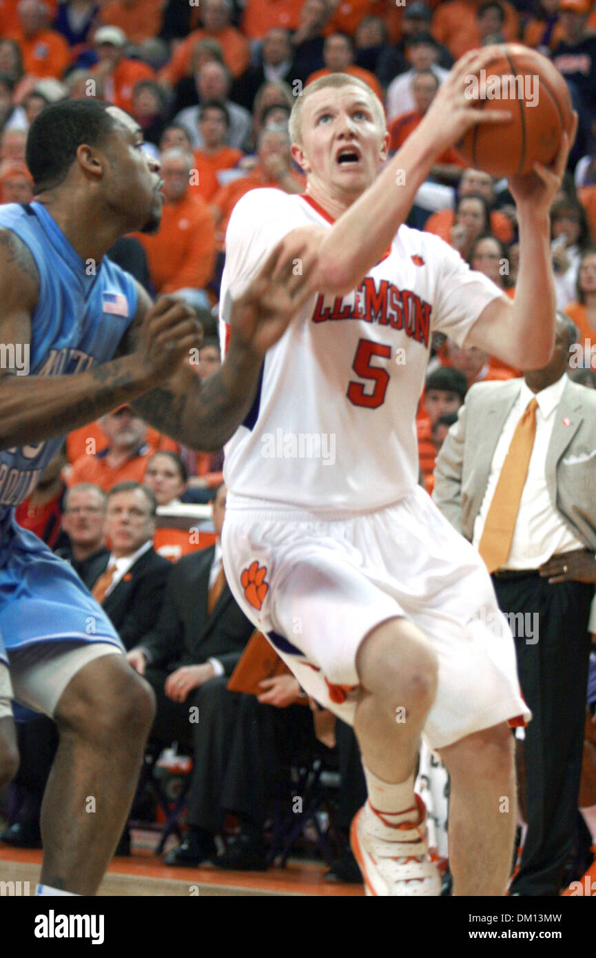 Jan. 13, 2010 - Clemson, South Carolina, U.S - 13 January 2010: Clemson guard Tanner Smith goes up for a layup.  He would be fouled on the play as No. 19 Clemson defeated No. 13 North Carolina 83-64 in an ACC showdown at Littlejohn Coliseum in Clemson, South Carolina. (Credit Image: © Frankie Creel/Southcreek Global/ZUMApress.com) Stock Photo