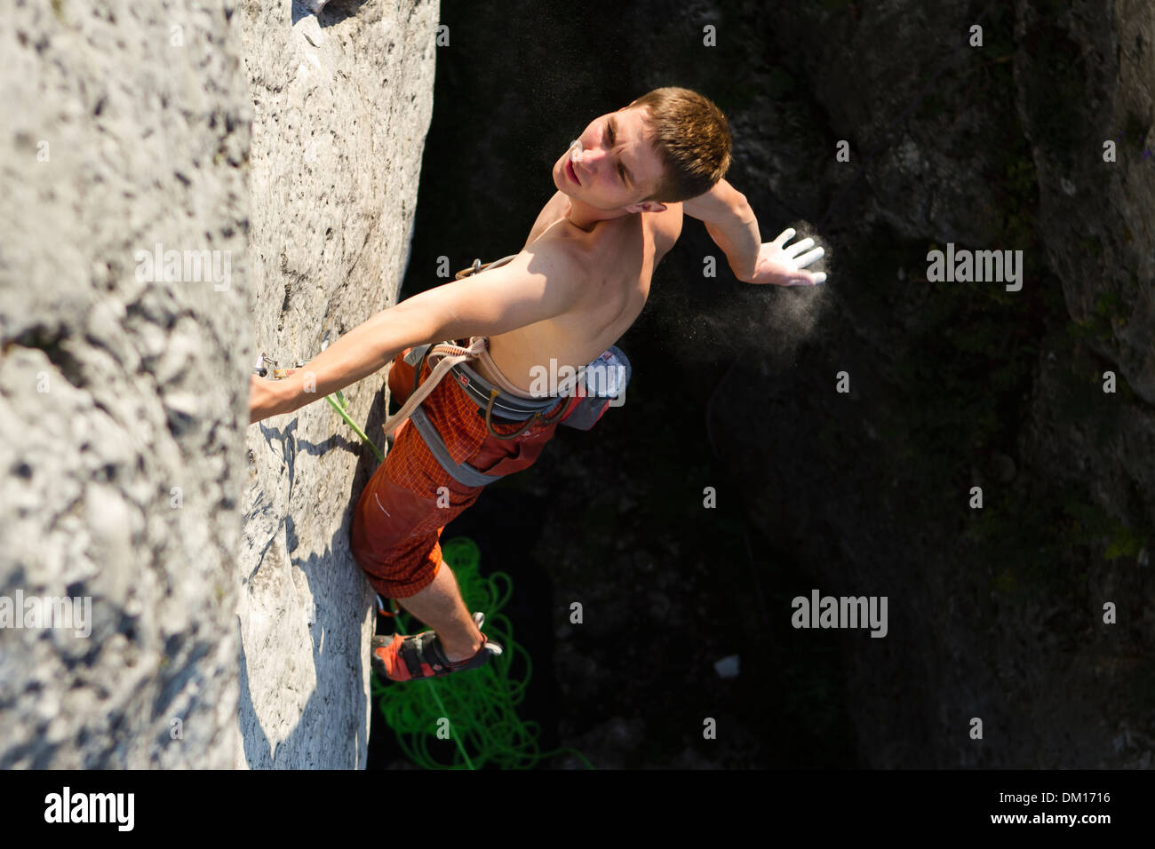 Rock climber on a limestone cliff. Mirow, Jura krakowsko-czestochowska, Poland. Stock Photo