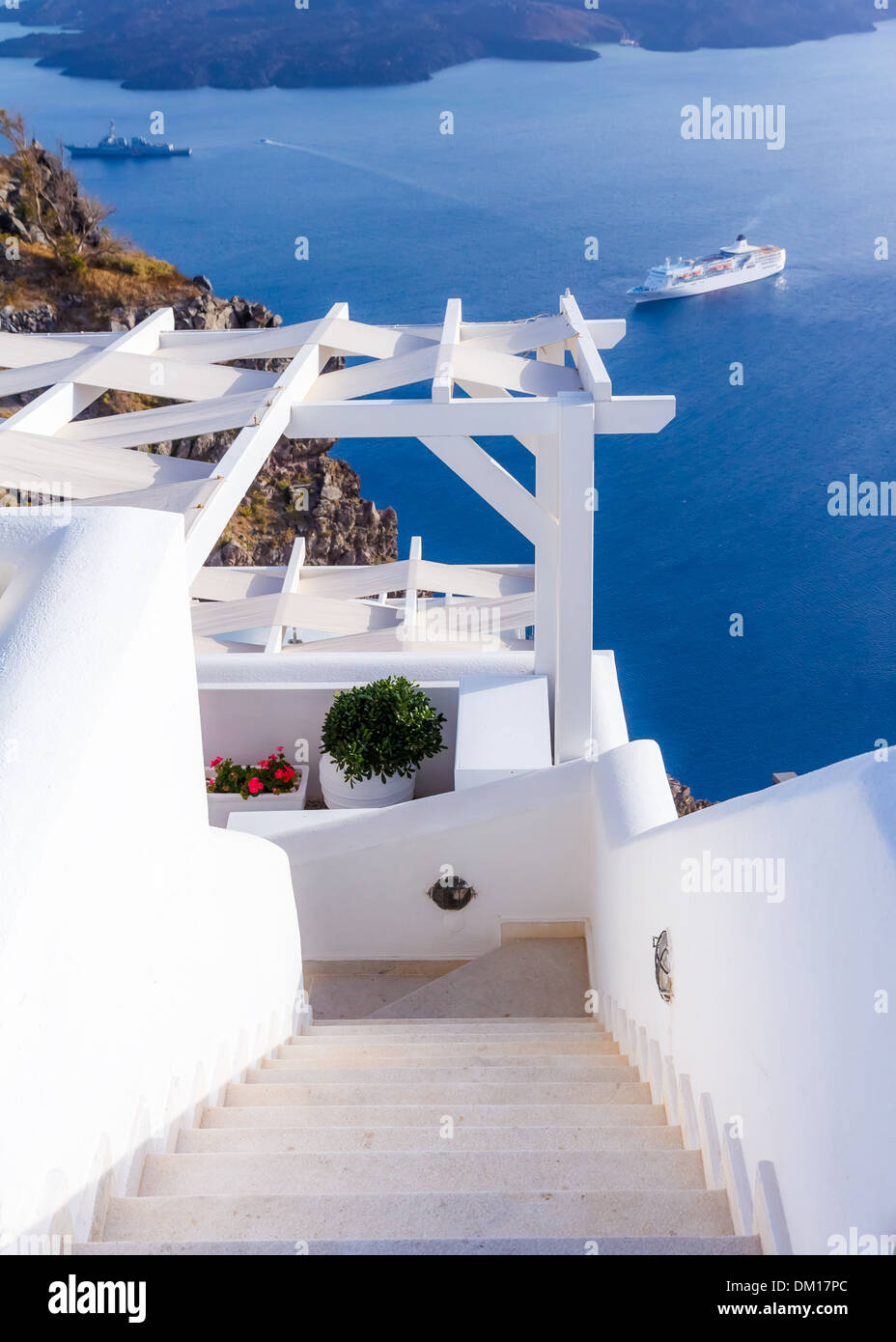 Steps leading downstairs to a hotel or hostel in Santorini, Greece Stock Photo