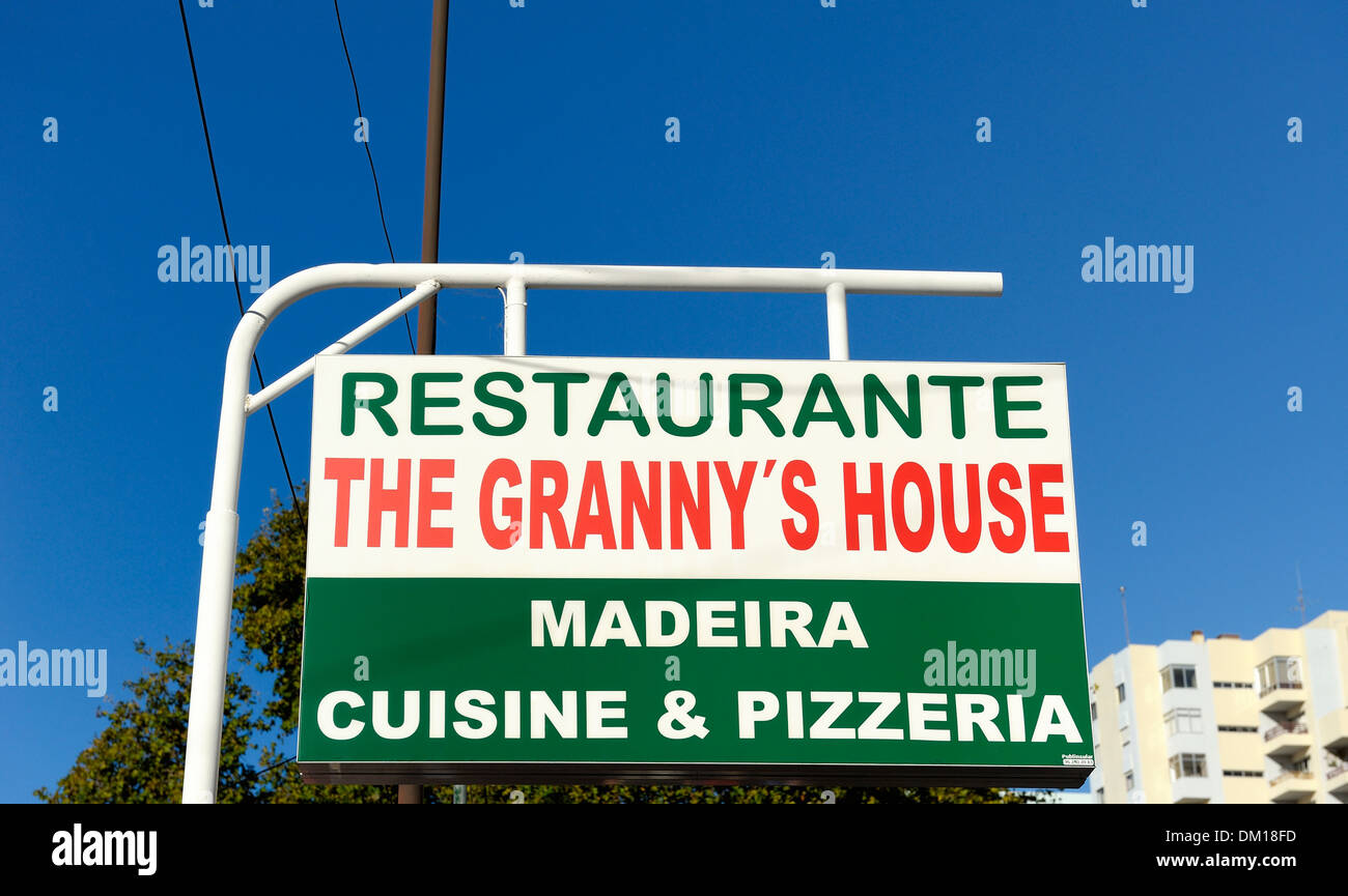 Madeira Portugal. A red green and white restaurant street sign Stock Photo