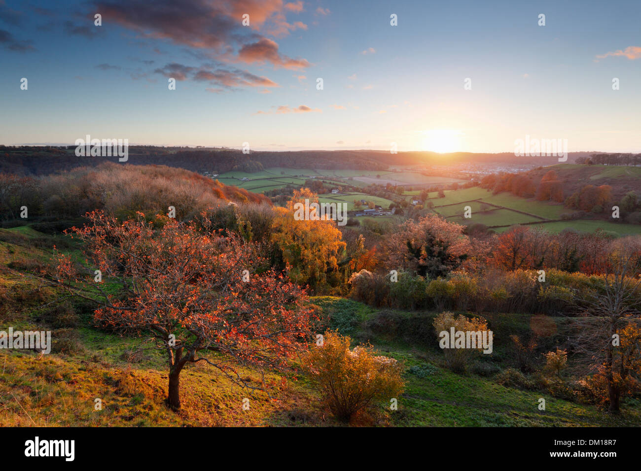 View from Uley Bury at Sunset. Autumn. The Cotswolds. Gloucestershire. England. UK. Stock Photo