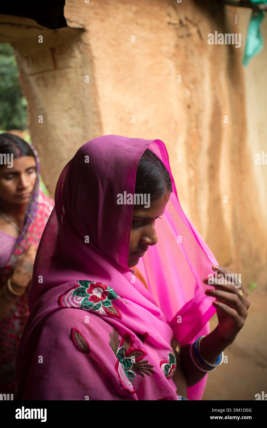 Woman in pink sahri - Bihar State, India. Stock Photo