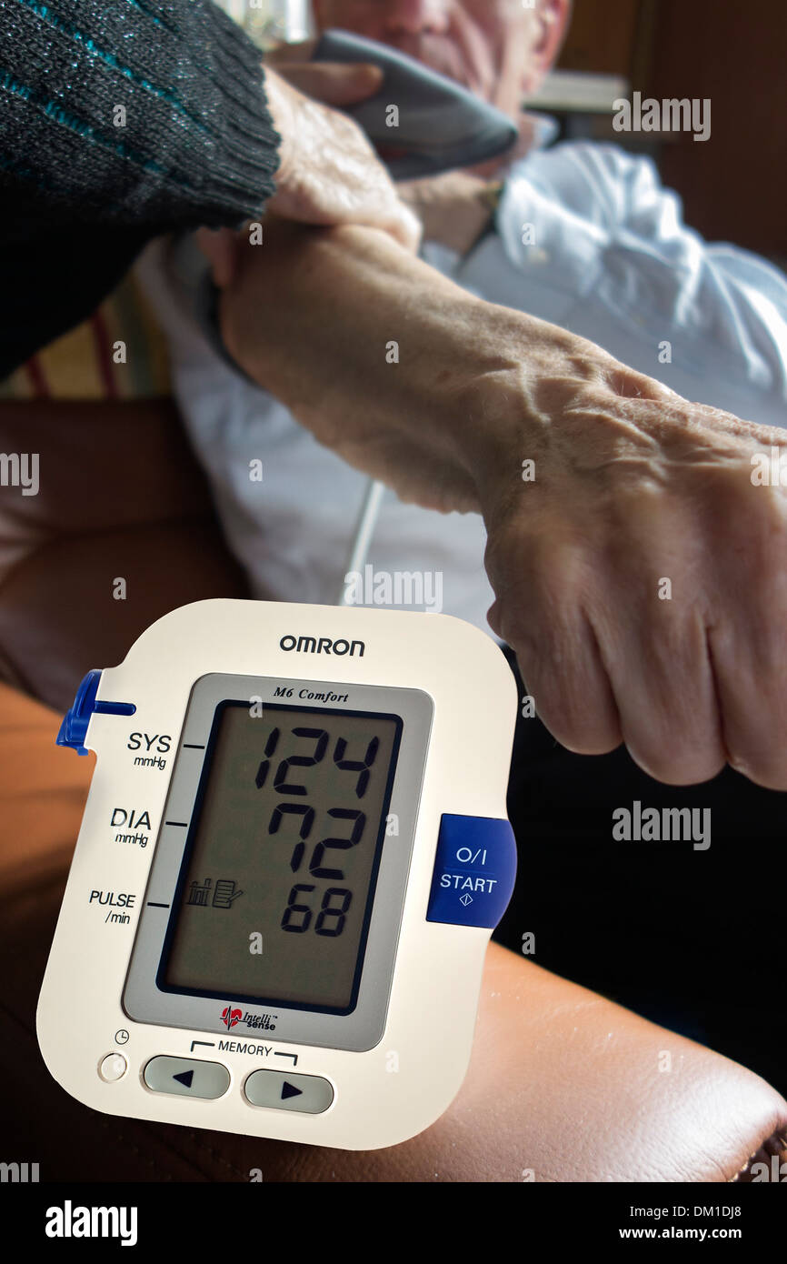 Close up of elderly couple checking their own bloodpressure using a