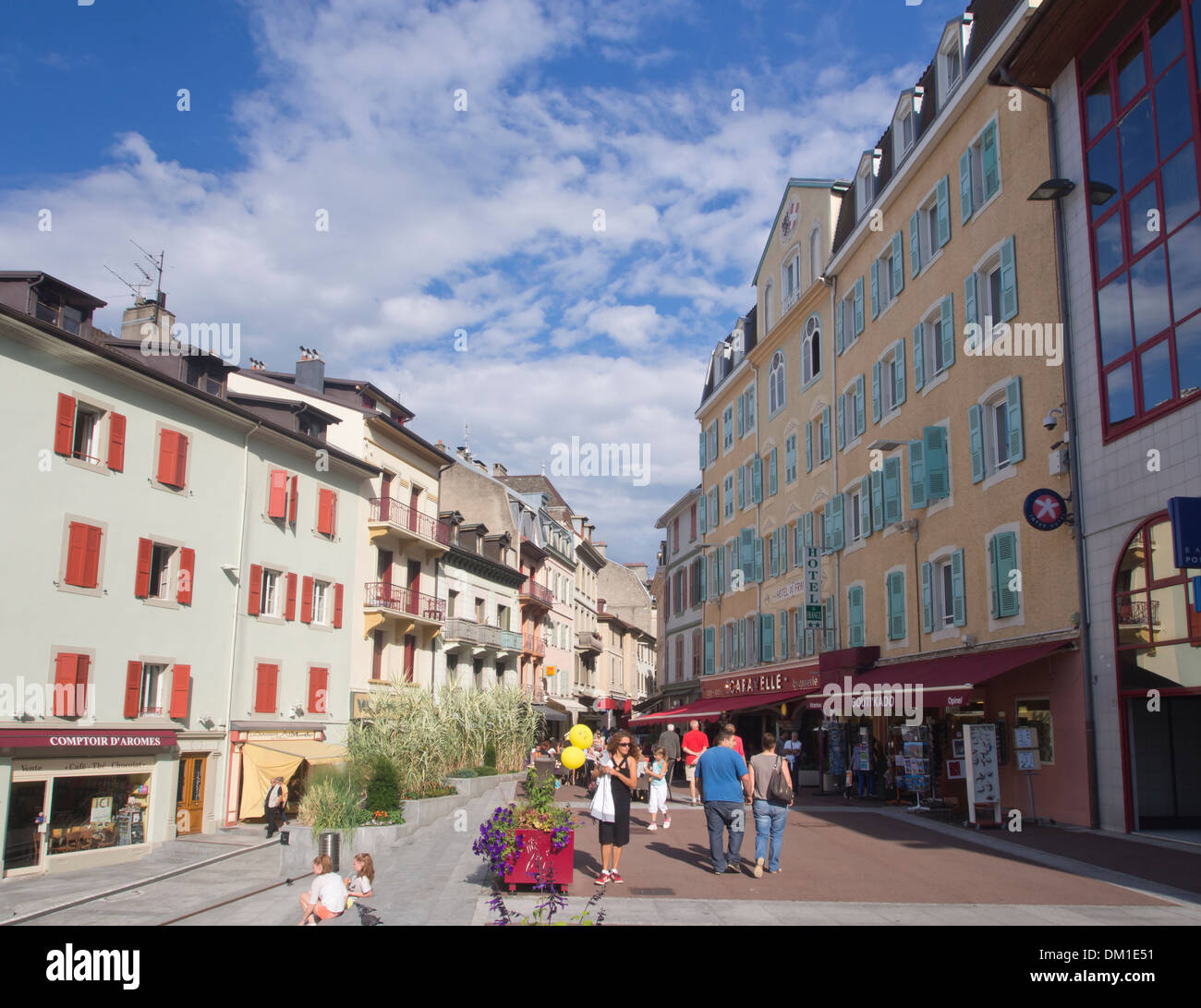 Pedestrian street with outdoors restaurant in the tourist resort of Evian-Les-Bains France Stock Photo