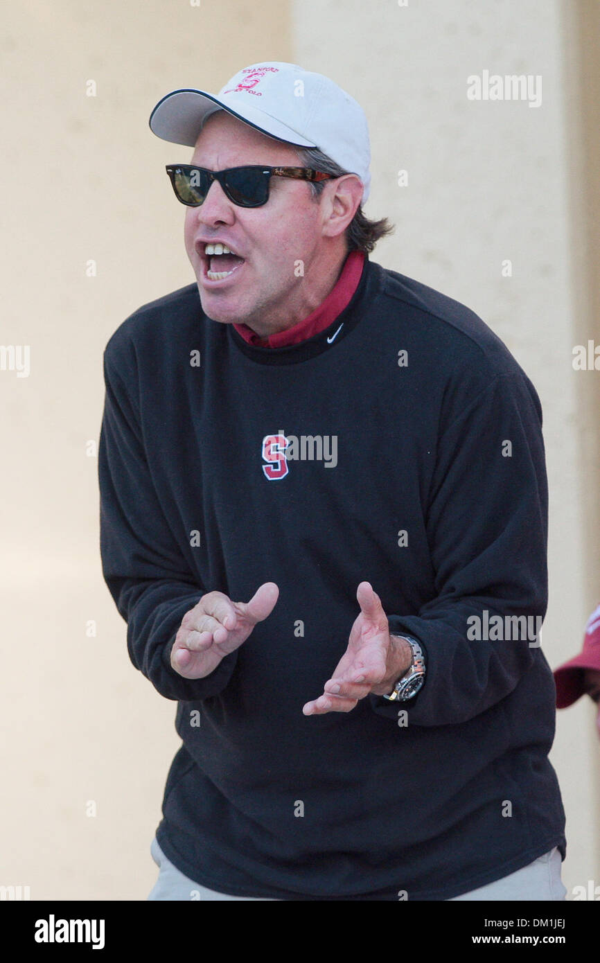 Stanford head coach John Vargas during a water polo match at the Avery Aquatic Center in