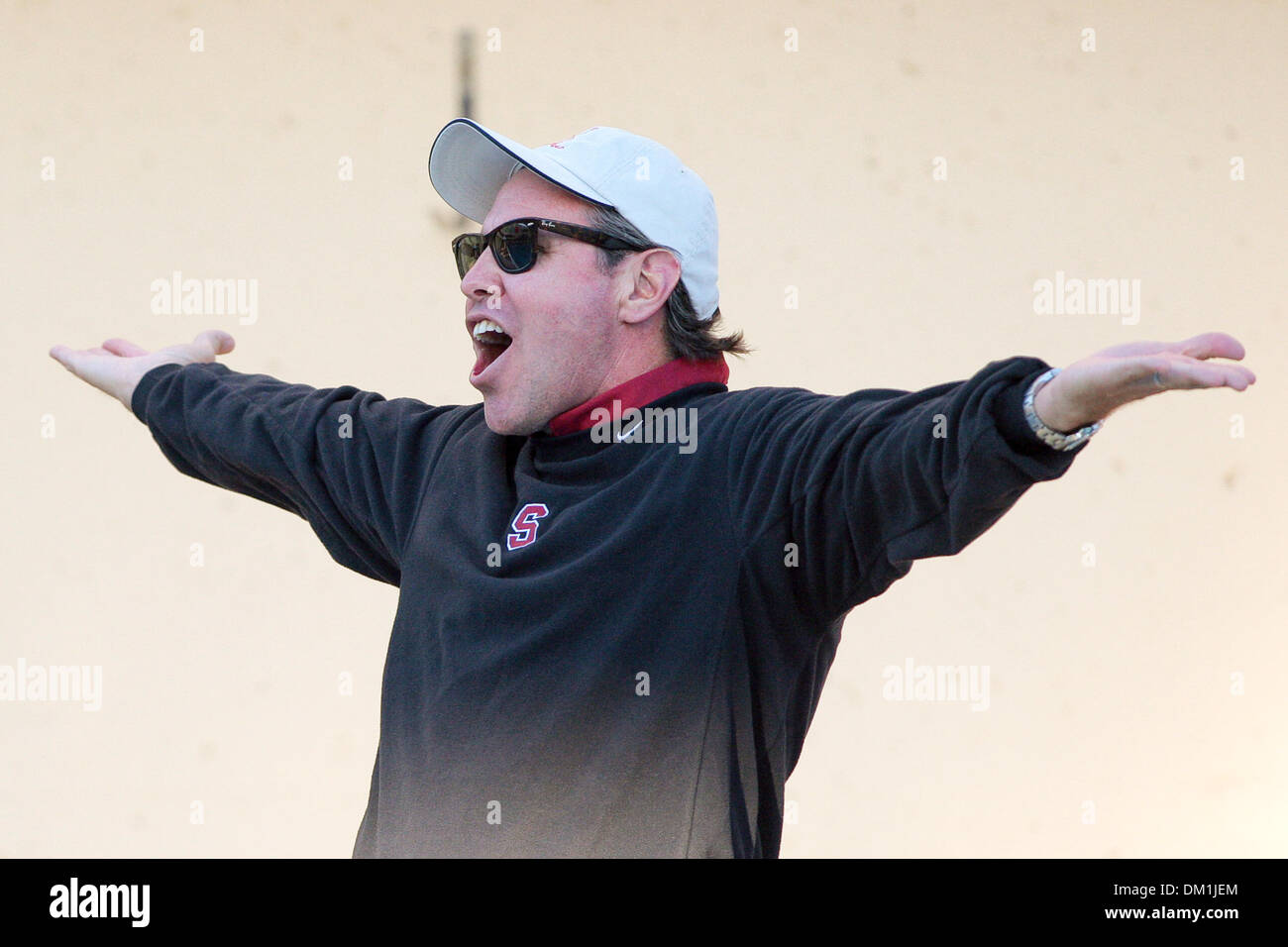 Stanford head coach John Vargas during a water polo match at the Avery Aquatic Center in