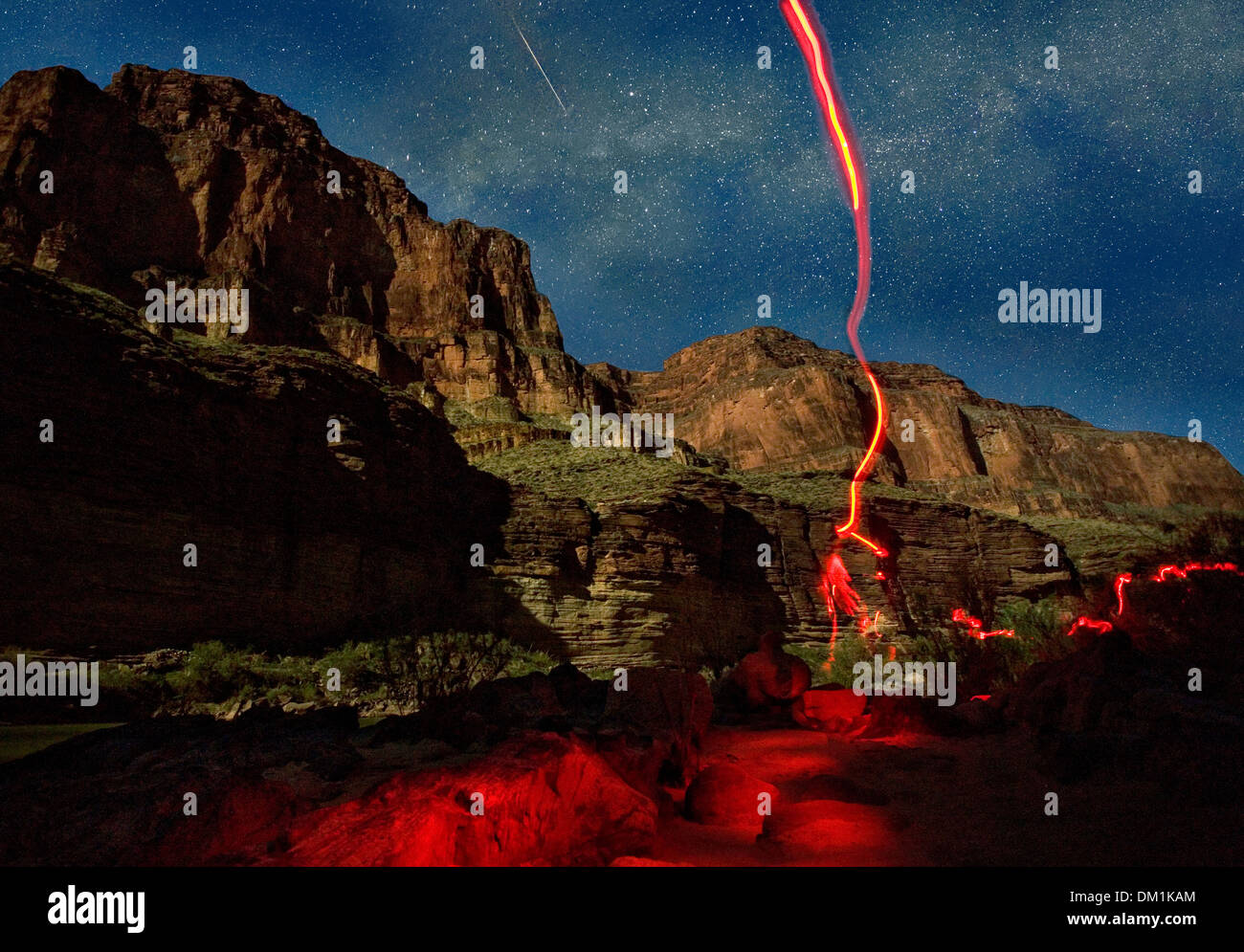 A red headlamp leaves a trail through a time lapse photo at night in the Grand Canyon. The Milky Way and a meteor are visible. Stock Photo