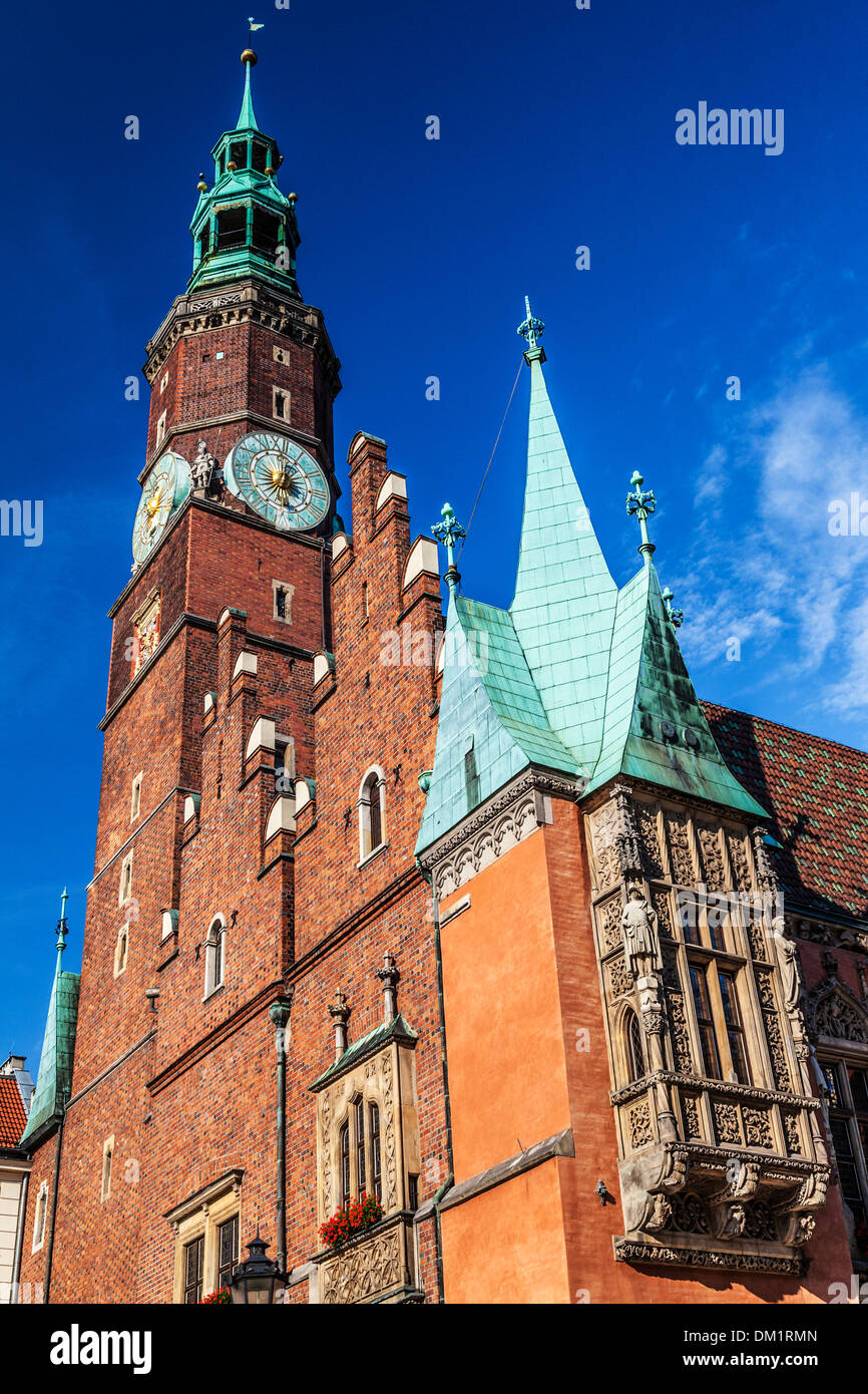 The south-west corner of the neo-Gothic Town Hall or Ratusz in Wroclaw's market Square. Stock Photo