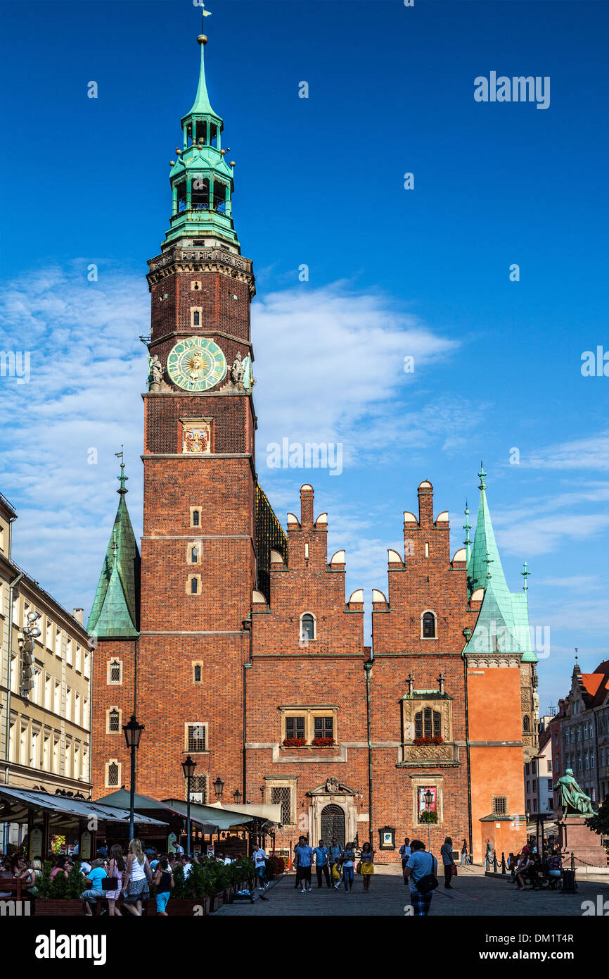 The west face and entrance to the neo-Gothic Town Hall or Ratusz in Wroclaw's market Square. Stock Photo