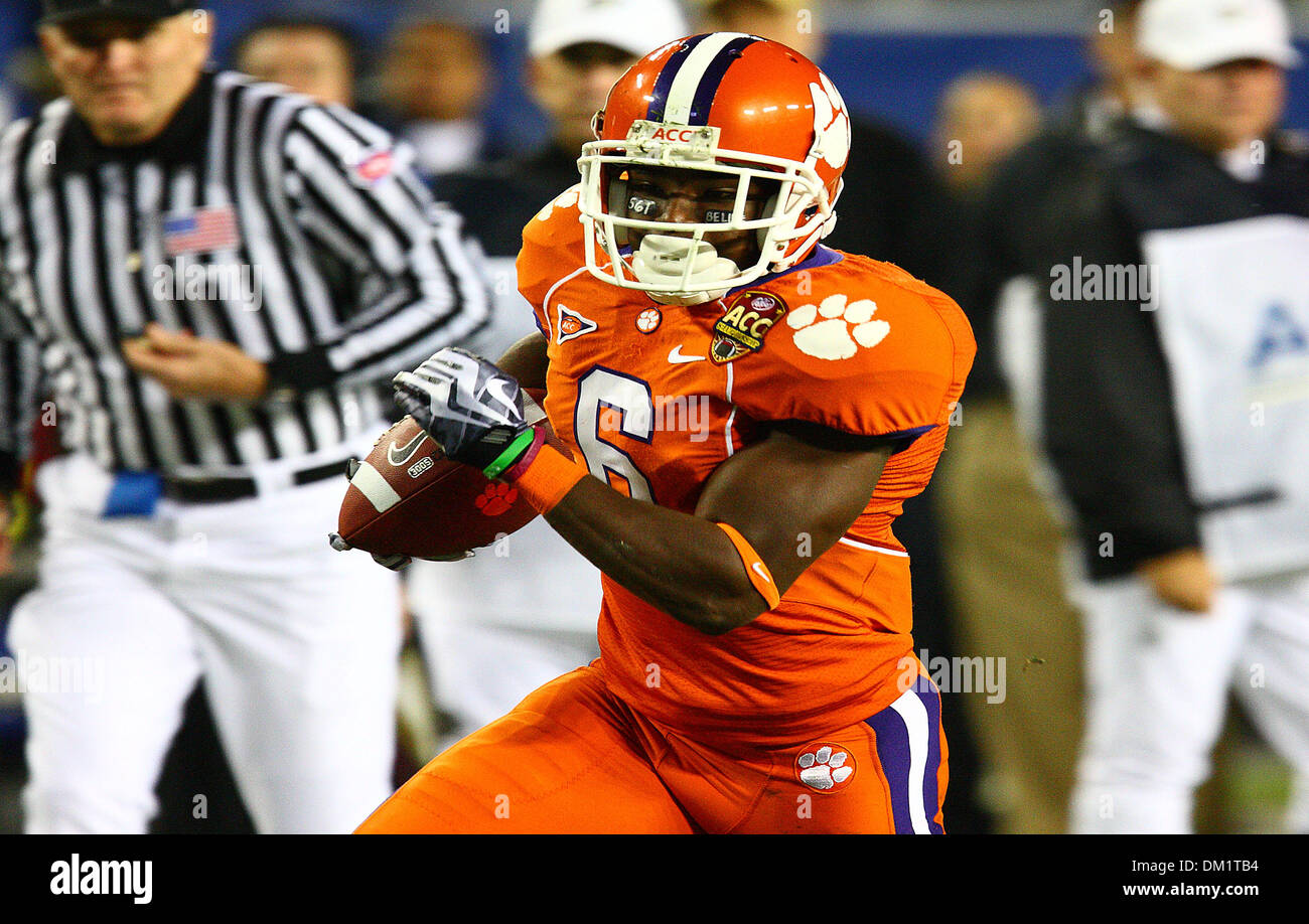 Clemson wide receiver Jacoby Ford #6 carries the ball down field during the first half of the Dr Pepper Atlantic Coast Conference Football Championship Game between the Georgia Tech Yellow Jackets and the Clemson Tigers being played at Raymond James Stadium in Tampa, FL. (Credit Image: © Chris Grosser/Southcreek Global/ZUMApress.com) Stock Photo