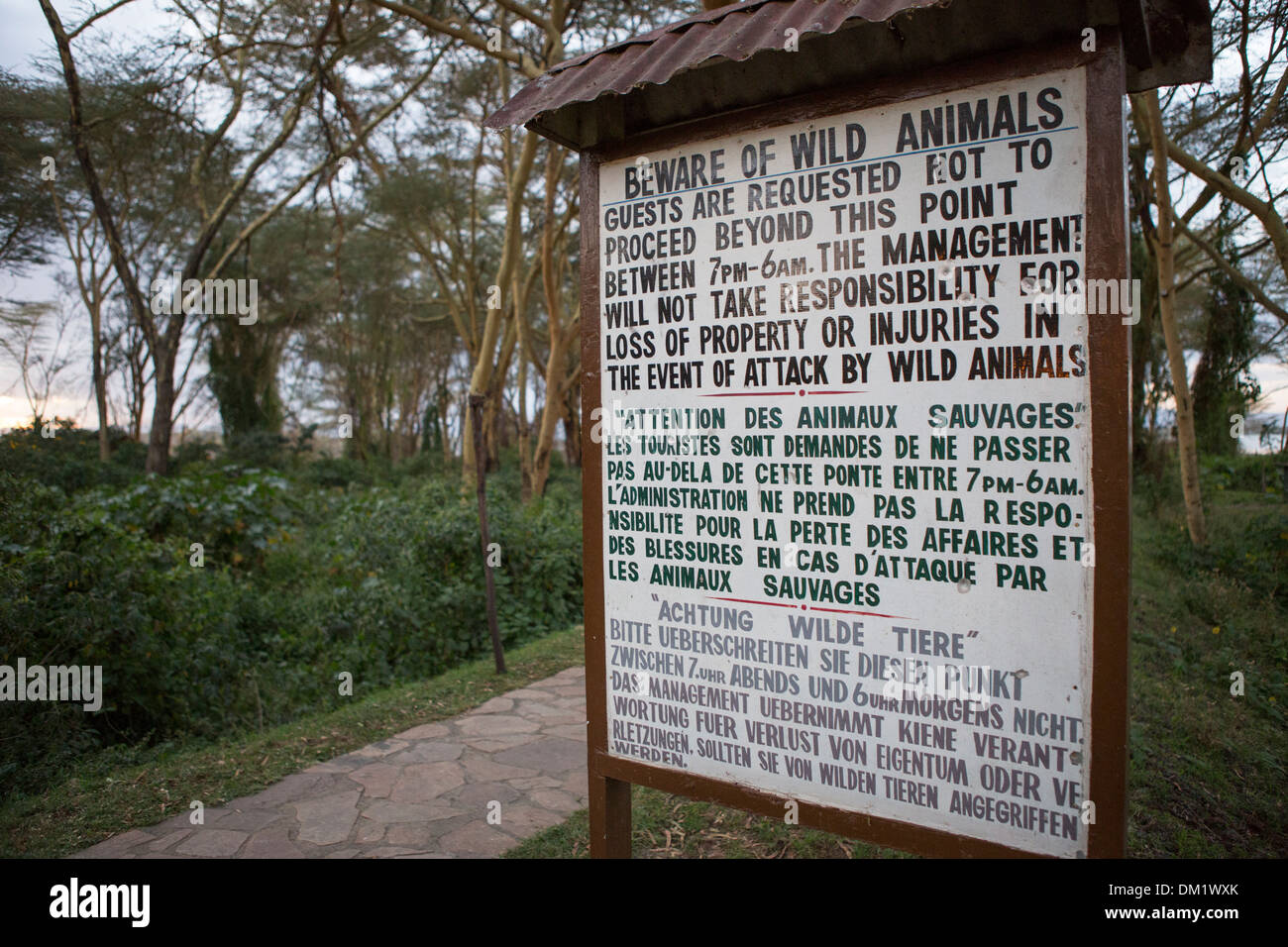 BEWARE of Wild Animals sign - Lake Naivasha, Kenya Stock Photo