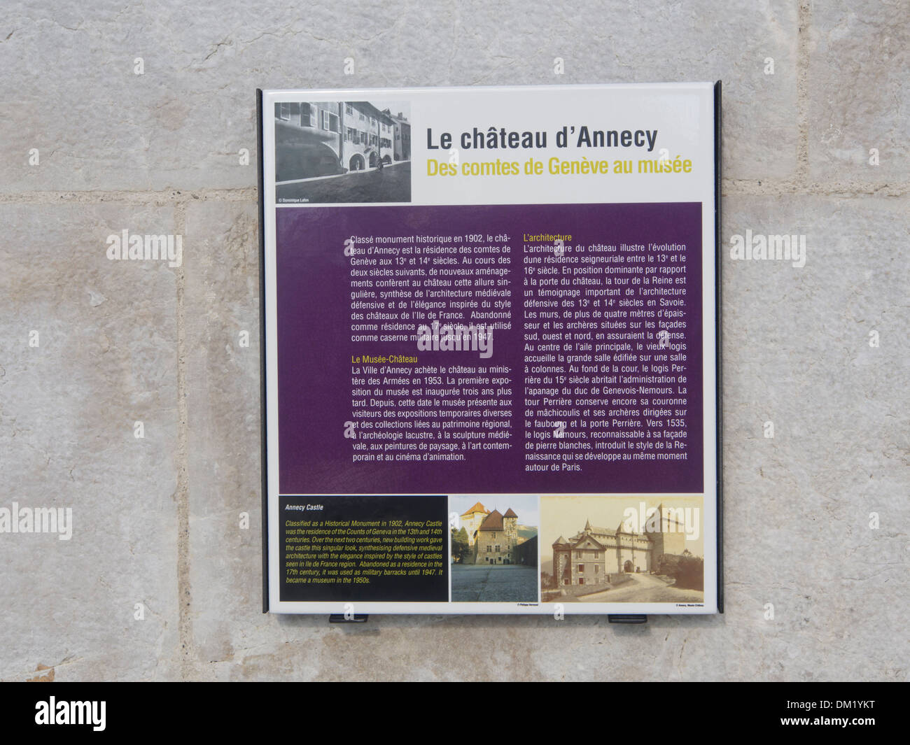 Chateau de Annecy, medieval castle in Annecy France, information board Stock Photo