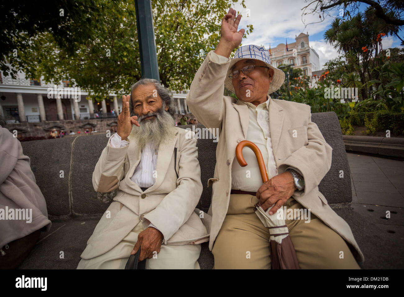 Men signing in sign language - Central Plaza, Quito, Ecuador. Stock Photo
