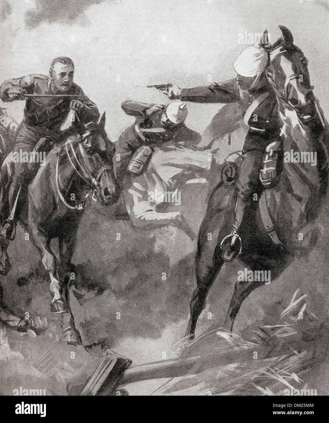 Furious charge of British cavalry at The Battle of Mons, 23rd August 1914 during WWI. Stock Photo