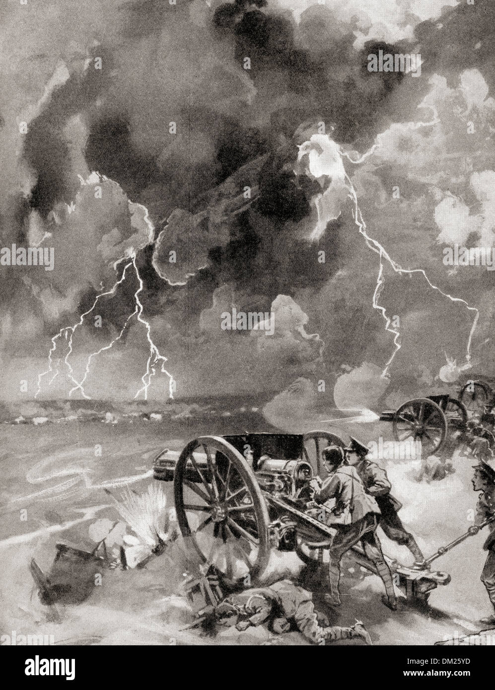British soldiers fighting in a thunderstorm at The First Battle of the Marne, France during WWI. Stock Photo