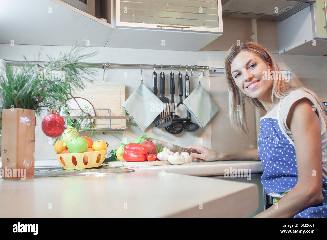 woman cooking kitchen happy 'healthy food' smiling Stock Photo