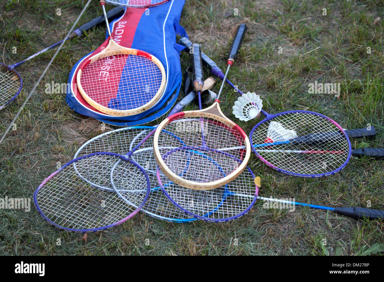 Assortment of badminton rackets and shuttlecocks. Zawady Central Poland Stock Photo