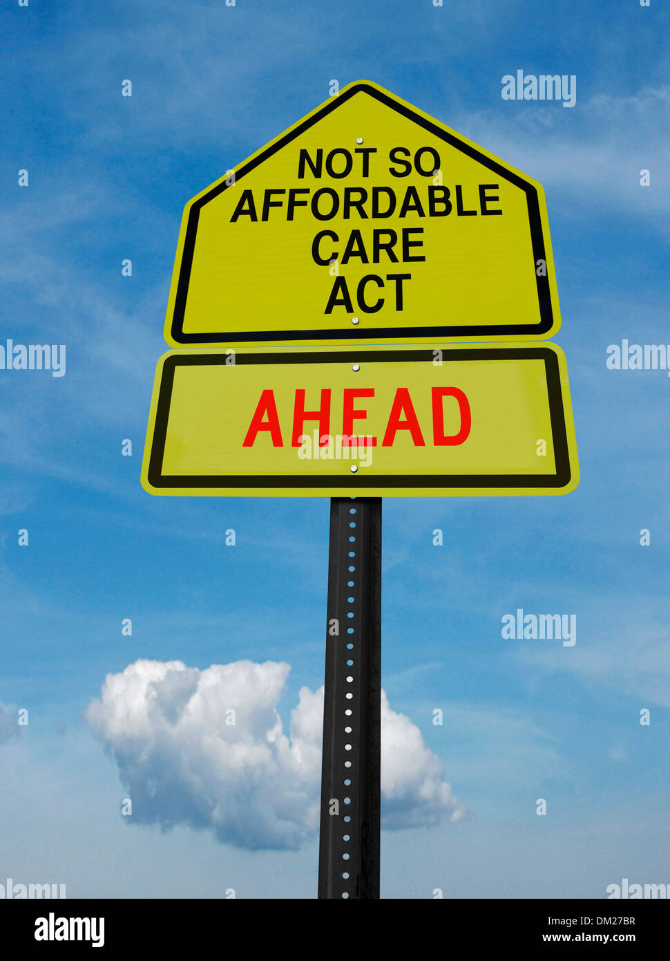 conceptual sign with words not so affordable care act ahead over blue sky Stock Photo
