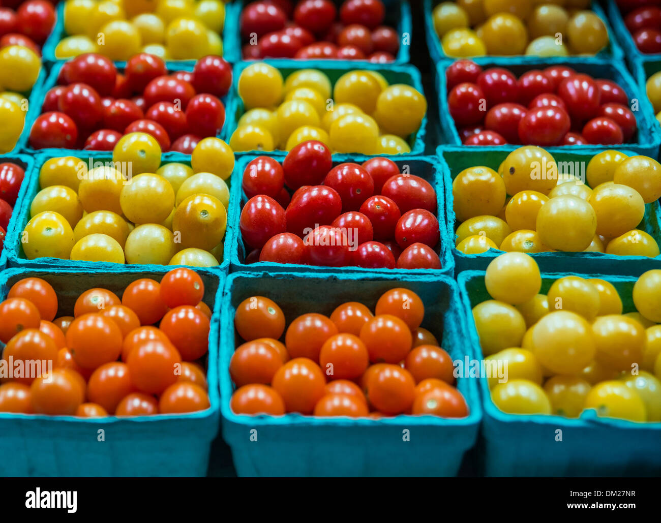 Pint cartons of fresh cherry tomato varieties at farmers market. Stock Photo