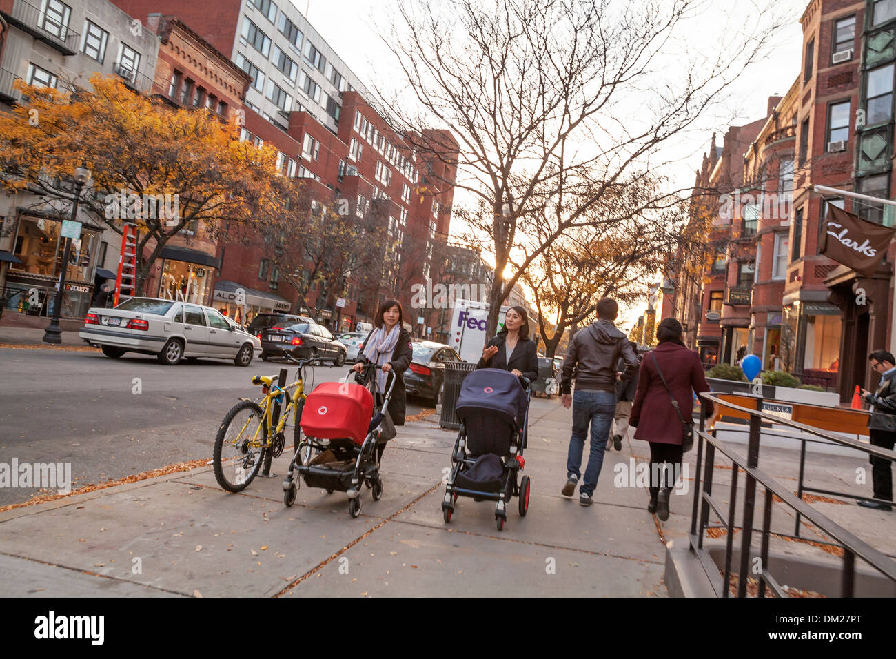 Newbury Street in the Back Bay area of Boston is a vibrant shopping and people watching location. Stock Photo