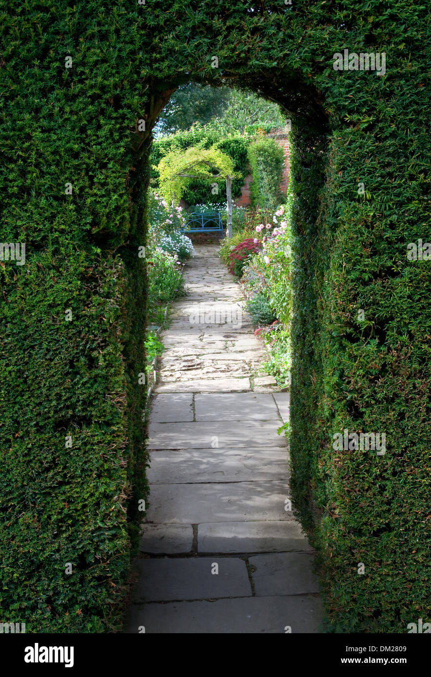 Pretty flagstone path through clipped yew archway towards a bench with flowers, Cotswolds, England. Stock Photo