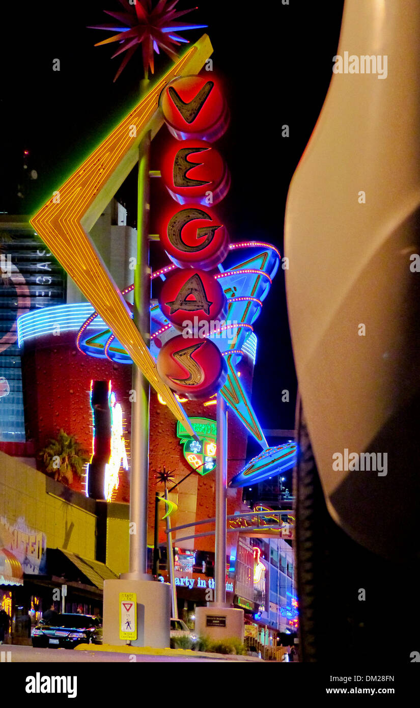 A long lens, night view of the neon on Fremont street,Las Vegas,Nevada Stock Photo