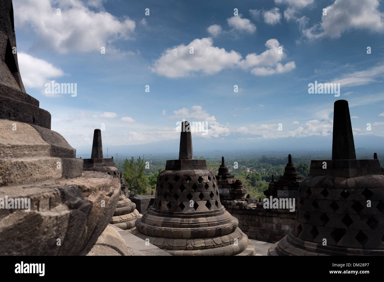 BOROBUDOR IN YOGYAKARTA INDONESIA IS THE BIGGEST BUDHA TEMPLE IN THE WORLD. A WORLD HERITAGE LIST NUMBER 592. Stock Photo