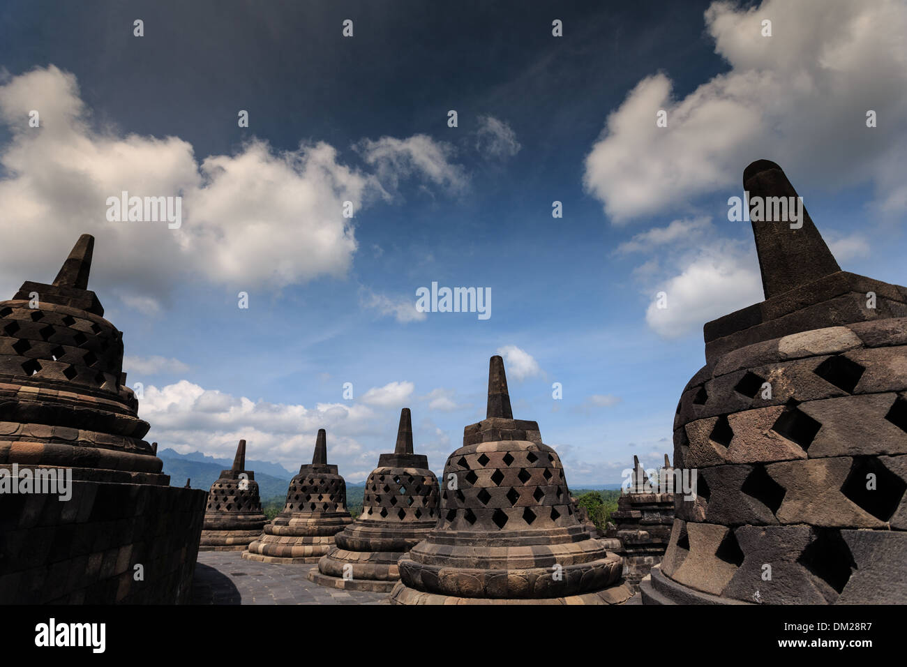 BOROBUDOR IN YOGYAKARTA INDONESIA IS THE BIGGEST BUDHA TEMPLE IN THE WORLD. A WORLD HERITAGE LIST NUMBER 592. Stock Photo