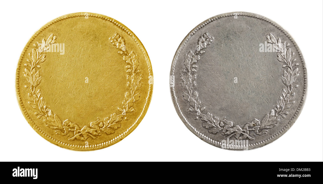 Old blank gold and silver coins isolated on white Stock Photo