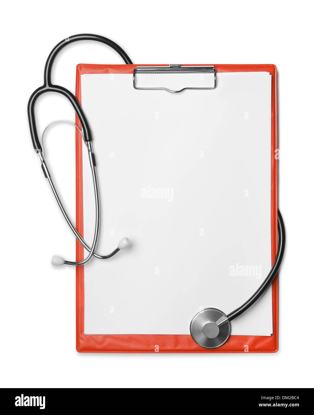 Red clipboard and stethoscope isolated on white Stock Photo
