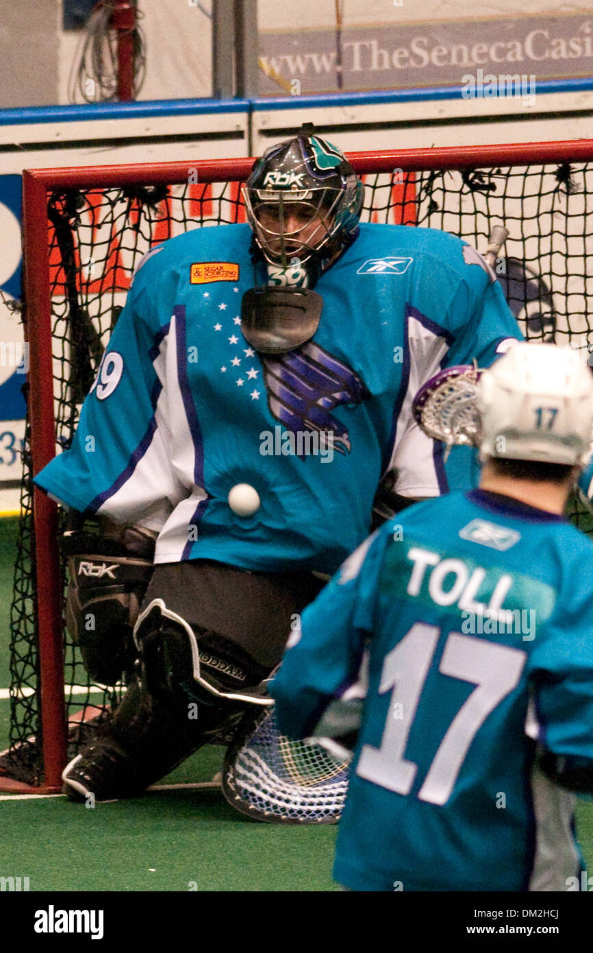 Rochester Knighthawks goalie Pat O'Toole (39) blocks a shot on goal with  his body during a game against the Edmonton Rush. Edmonton defeated  Rochester 12-11 at the Blue Cross Arena in Rochester,