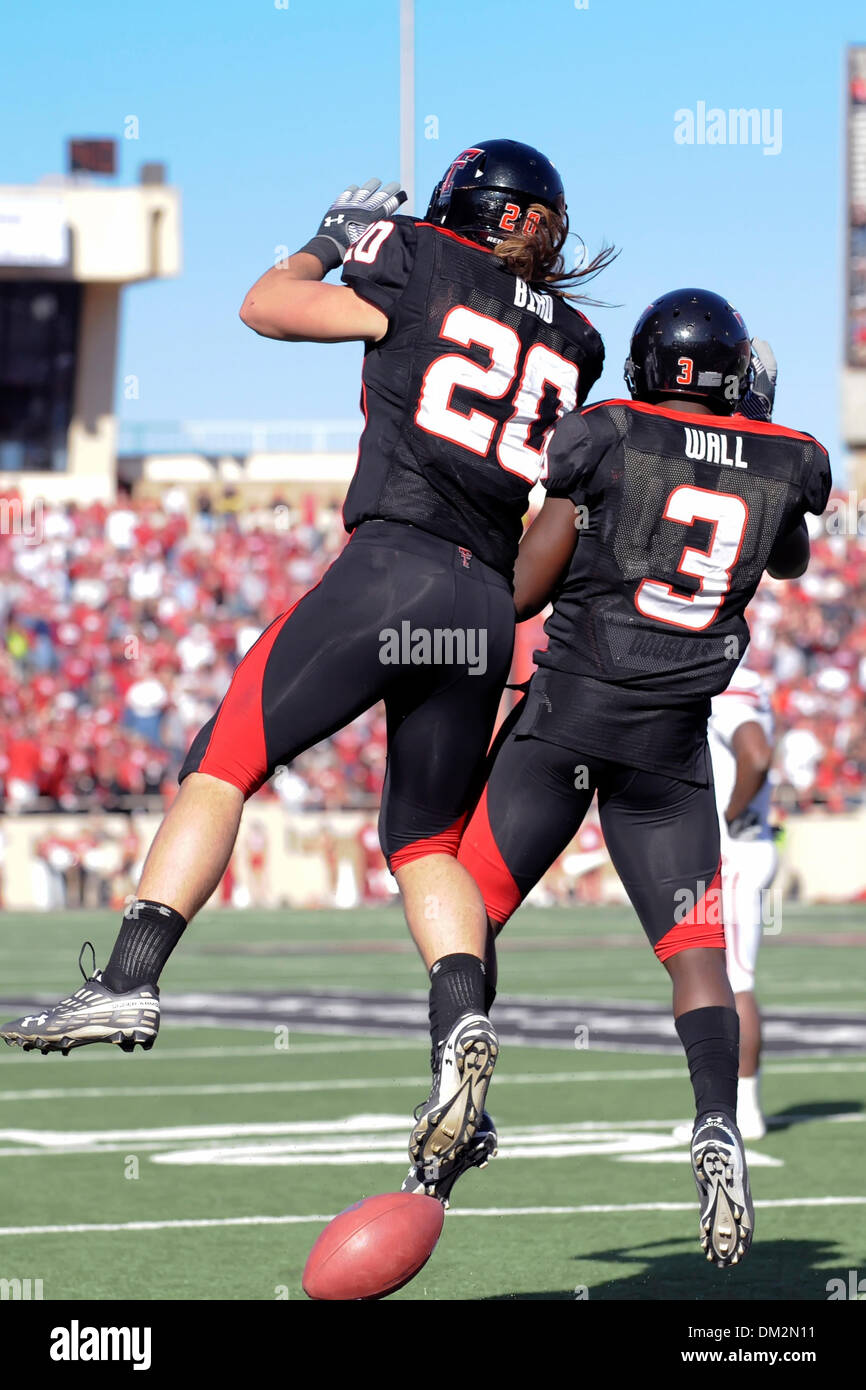 Texas Tech LB Bront Bird (20) celebrates with CB Jamar Wall's (3) endzone interception as the Texas Tech Red Raiders cruised to a 41-13 victory over Oklahoma Sooners at AT&T Jones Stadium in Lubbock, Texas. (Credit Image: © Steven Leija/Southcreek Global/ZUMApress.com) Stock Photo