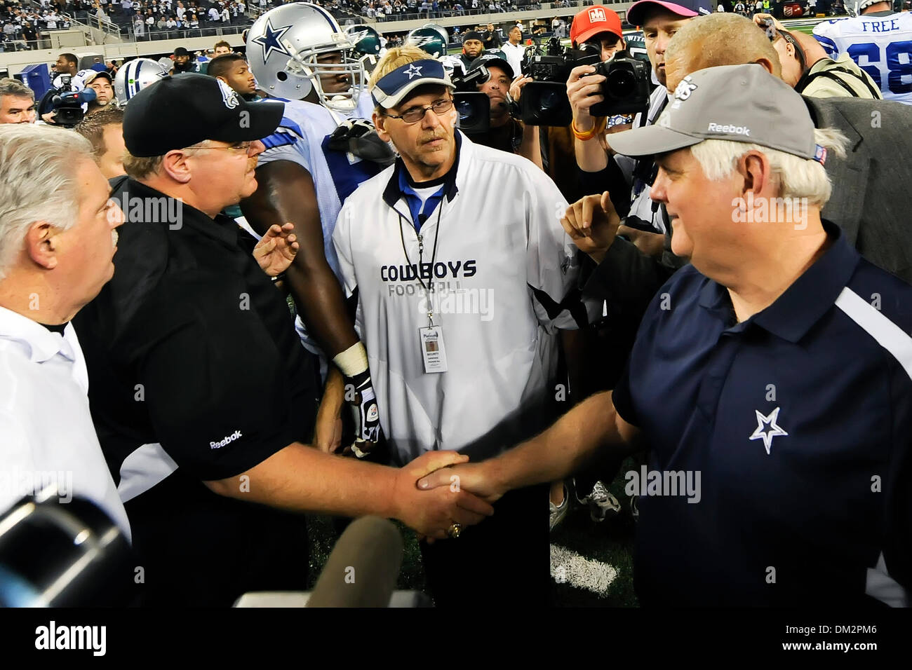 Head Coach's Andy Reid and Wade Phillips in the post game hand shake in the  NFL football game between the Philadelphia Eagles and Dallas Cowboys at  Cowboys Stadium in Arlington, Texas. Cowboys