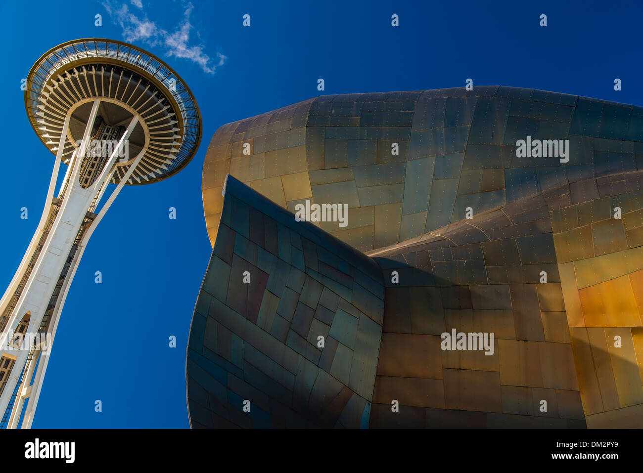 The Experience Music Project Museum and Space Needle, Seattle, Washington, USA Stock Photo