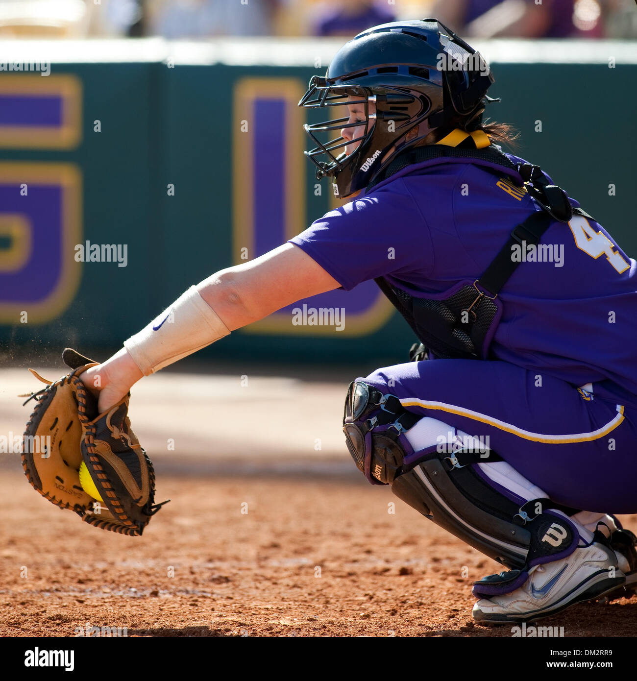 Michigan at LSU; LSU catcher Morgan Russell catches a pitch during a ...