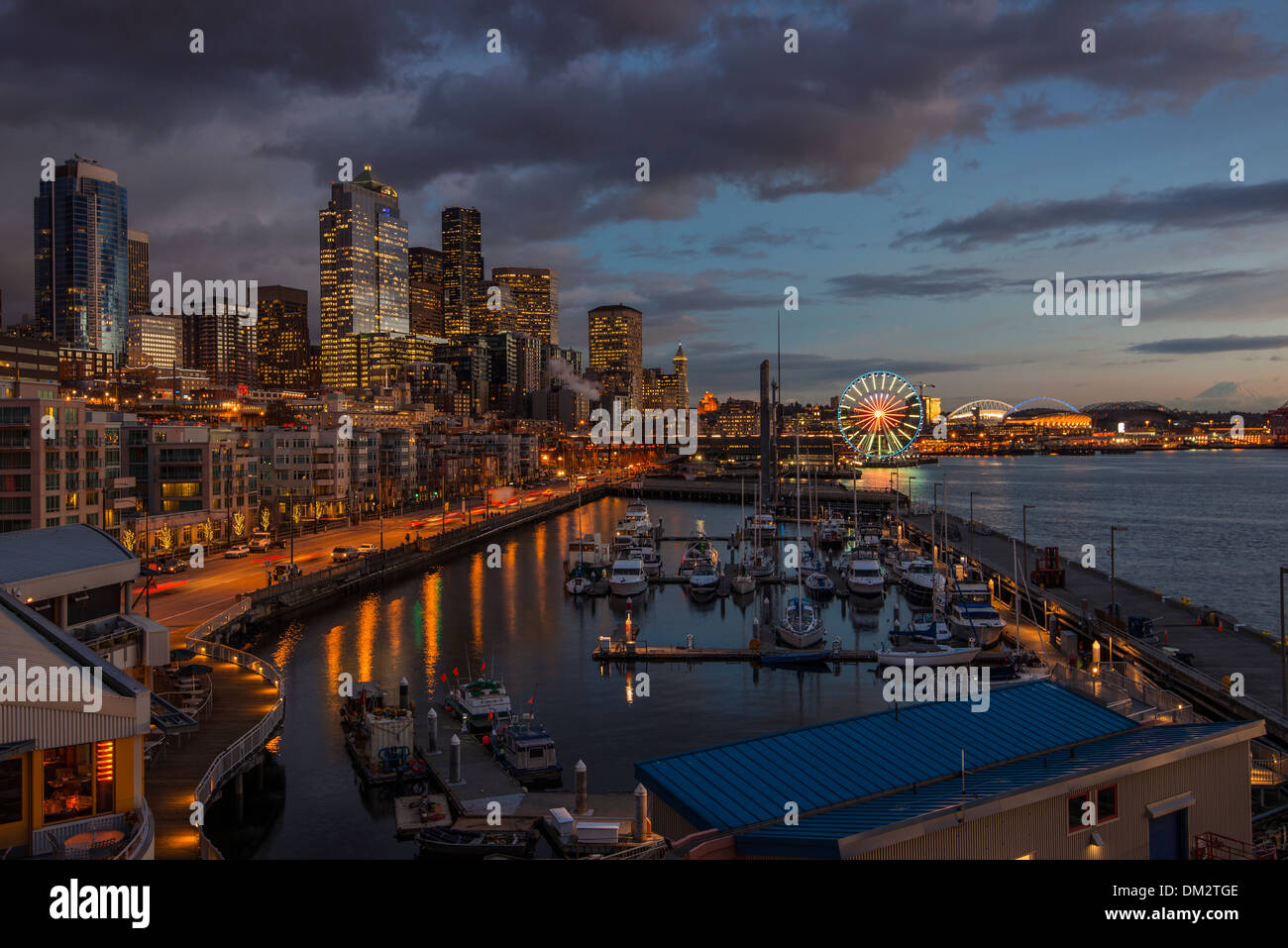Waterfront and Great Wheel by night, Seattle, Washington, USA Stock Photo