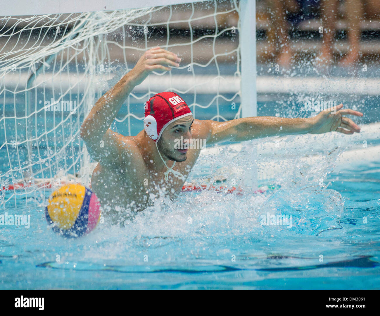 (131211) -- ZAGREB, December 11, 2013 (Xinhua) - Goalkeeper Stefanos Galanopoulos of Greece saves the penalty during the FINA Water Polo World League Group B match against Croatia in Zagreb, Croatia, December 10, 2013. Greece won 12-11 after penalty shootout.(Xinhua/Miso Lisanin)(yt) Stock Photo