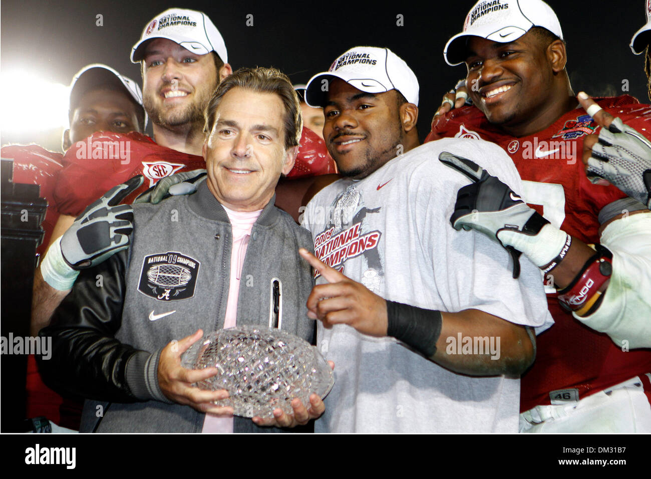 Alabama head Coach Nick Saban (L) and Alabama running back Mark Ingram (R)  pose with the National Championship Trophy after winning the 2010 BCS National  Championship Game held at the Rose Bowl